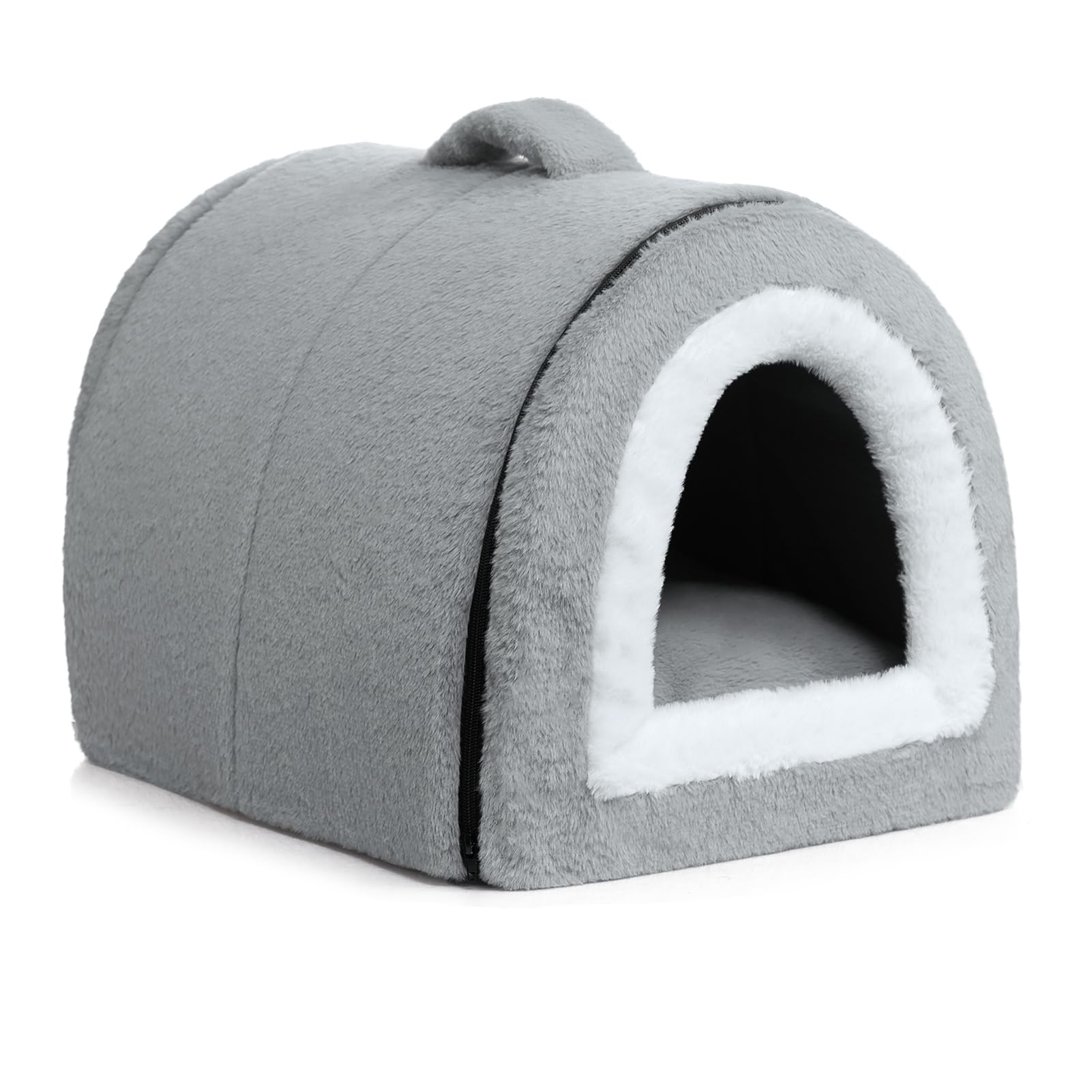 Hollypet Cat Bed Small Dog Bed, 2-in-1 Foldable Plush Pet Beds for Cats and Small Dogs, Cozy & Soft Pet Cave Beds Indoor Outdoor, Grey-Silver