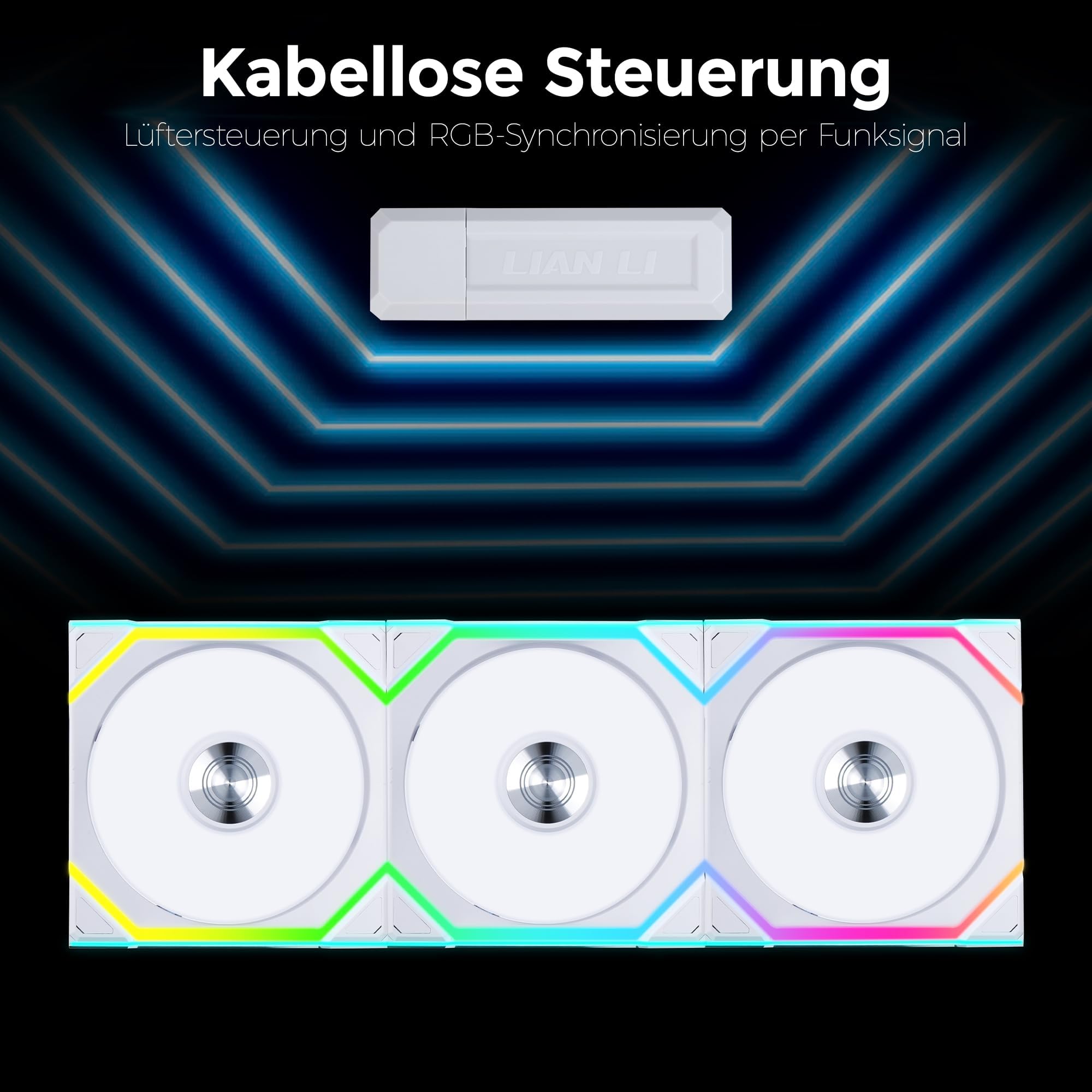 Lian Li UNI FAN SL Wireless PC Lüfter 120mm RGB – 3er Pack Reverse Blade Gaming PC Weiß | PWM Lüfter - 40 ARGB LEDs - bis 2.000 U/min - Stecksystem - hoher Airflow - Vibrationsarm - Leise 3