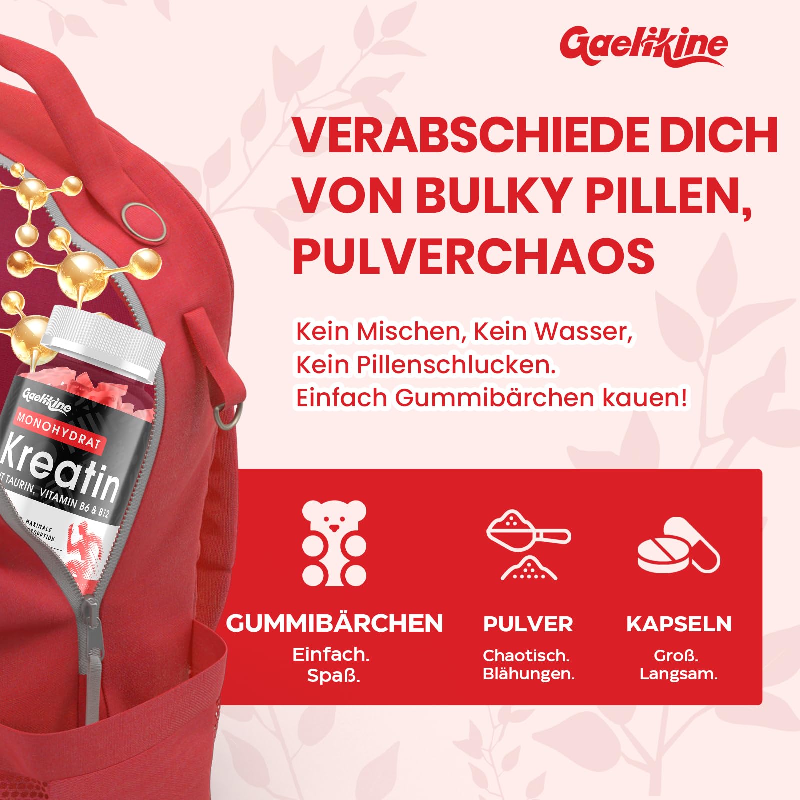 Creatin Monohydrat Gummibärchen 5000mg, Hochdosierte Kreatin mit Taurin, Vitamin B12 & B6, Alternative zu Kreatin Kapseln & Pulver, Vegan, Beerengeschmack, 60 Stück (1er Pack) 4