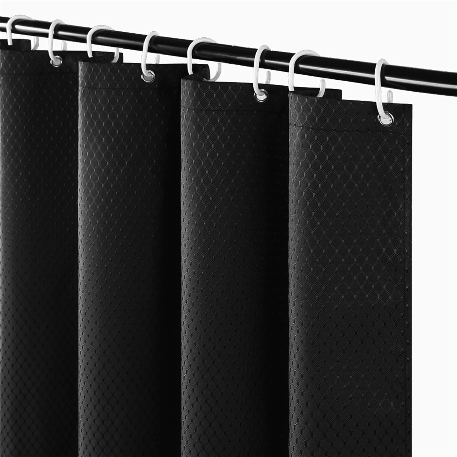 Furlinic Shower Curtain 60x71 Waterproof Mould Resistant Weighted Fabric Curtains for Bathtub Bathroom Wetroom Black 150x180cm Set with 10 ADS Hooks.