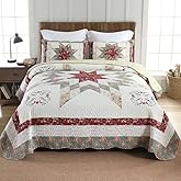 camandy Cotton Bedspread Quilt Bedding Sets, 3 Pieces Reversible Coverlets Comforters Star with Red Floral Real Patchwork Bedspread,Queen Size
