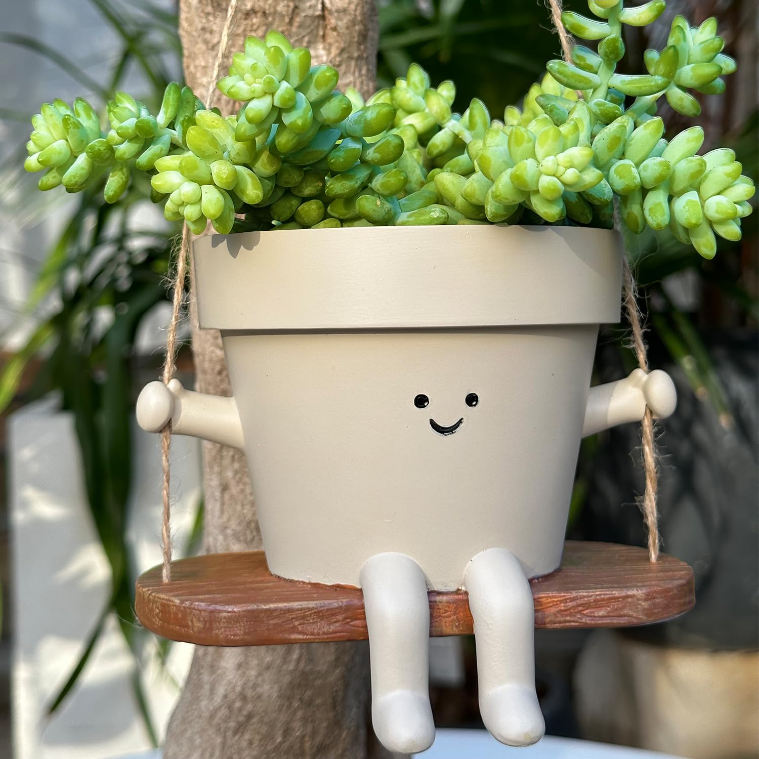Hanging Planter Swing Face Plant Pot - Cute Resin Head Planters with Drainage Hole Indoor Outdoor Plant Holder, Succulent/String of Pearls Flower Pots, Unique Sitting Sway Pots, Gift Ideas for Mother