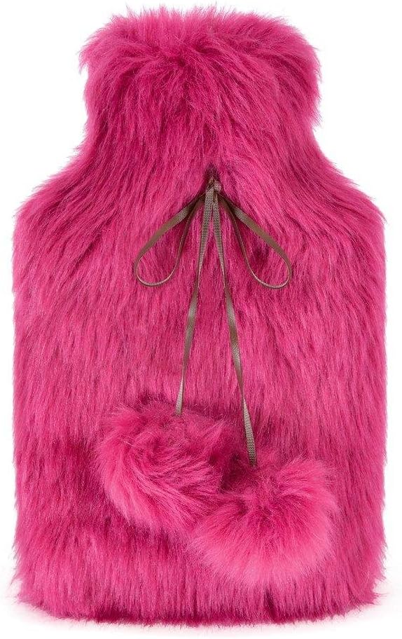 Luxury Hot Water Bottle with Extra Soft Faux Fur Cover|2 Litre Premium Natural Rubber Hot Water Bag (Hot Pink)
