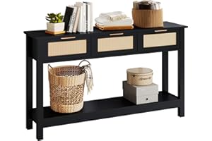 Luoxiao Entryway Console Table with 3 Rattan Drawers - Long Sofa Table Behind Couch Modern Fluted Hallway Living Room Storage Cabinet, Entry Table Open Shelf Foyer Furniture, Anti-Tip, Black, 47 Inch