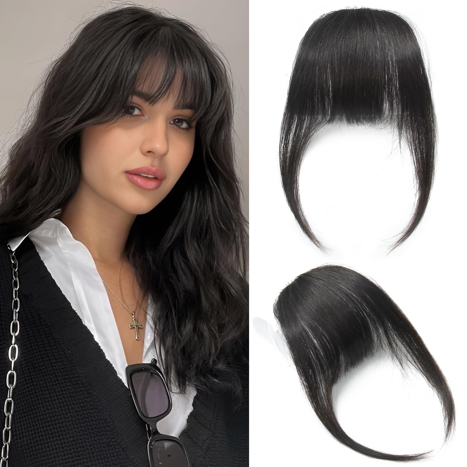 Real Human Hair Bangs Flat Bangs Clip in Bangs Hair Extensions Fringe Hair with Temples, Natural Black Color — image 1