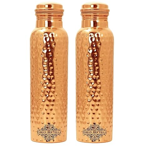 Indian Art Villa Hammered Leak Proof Joint Free Copper Bottle, Travel Essential, 800 ml, Set Of 2