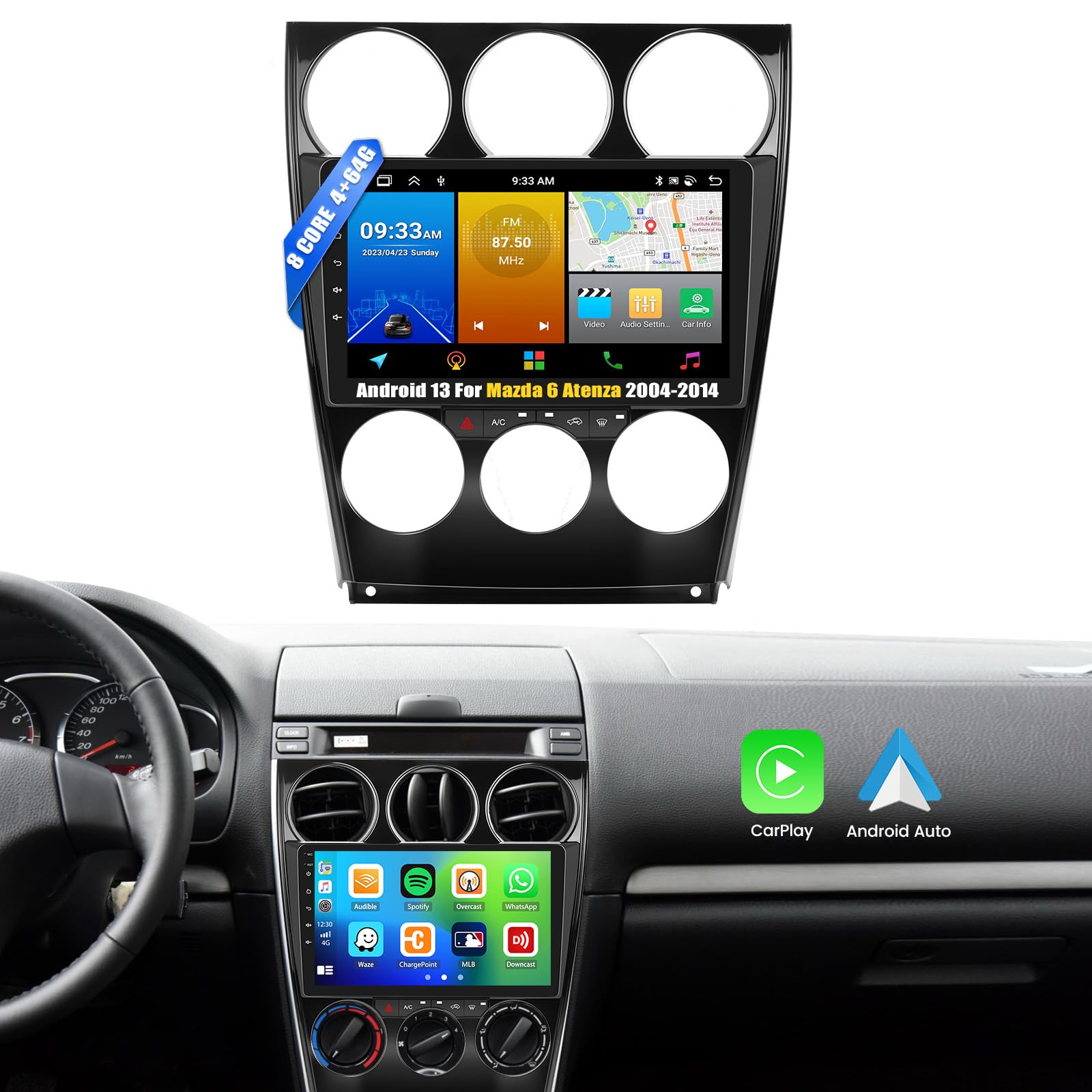 Photo 1 of [8 Core 4G+64G] Android 13 Car Stereo for Mazda 6 2004-2014 with Wireless Apple Carplay Android Auto,9'' Touchscreen Mazda 6 Car Radio with WiFi,GPS Navigation,Bluetooth,FM/RDS Radio,SWC+Backup Camera