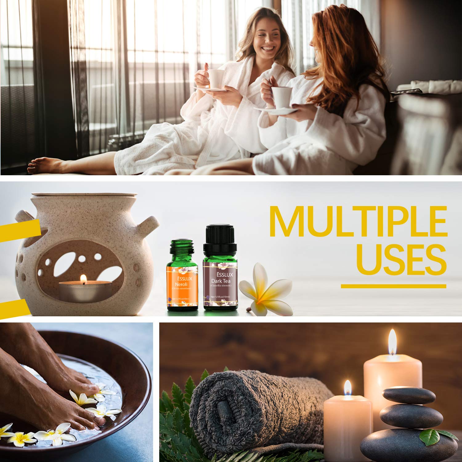 Essential Oils Set, ESSLUX Floral Collection with Rose, Neroli, Geranium, Freesia, Plum Blossom, Dark Tea Essential Oils, Perfect for Diffuser, Home Fragrance & Massage, 6x10 ML: Beauty