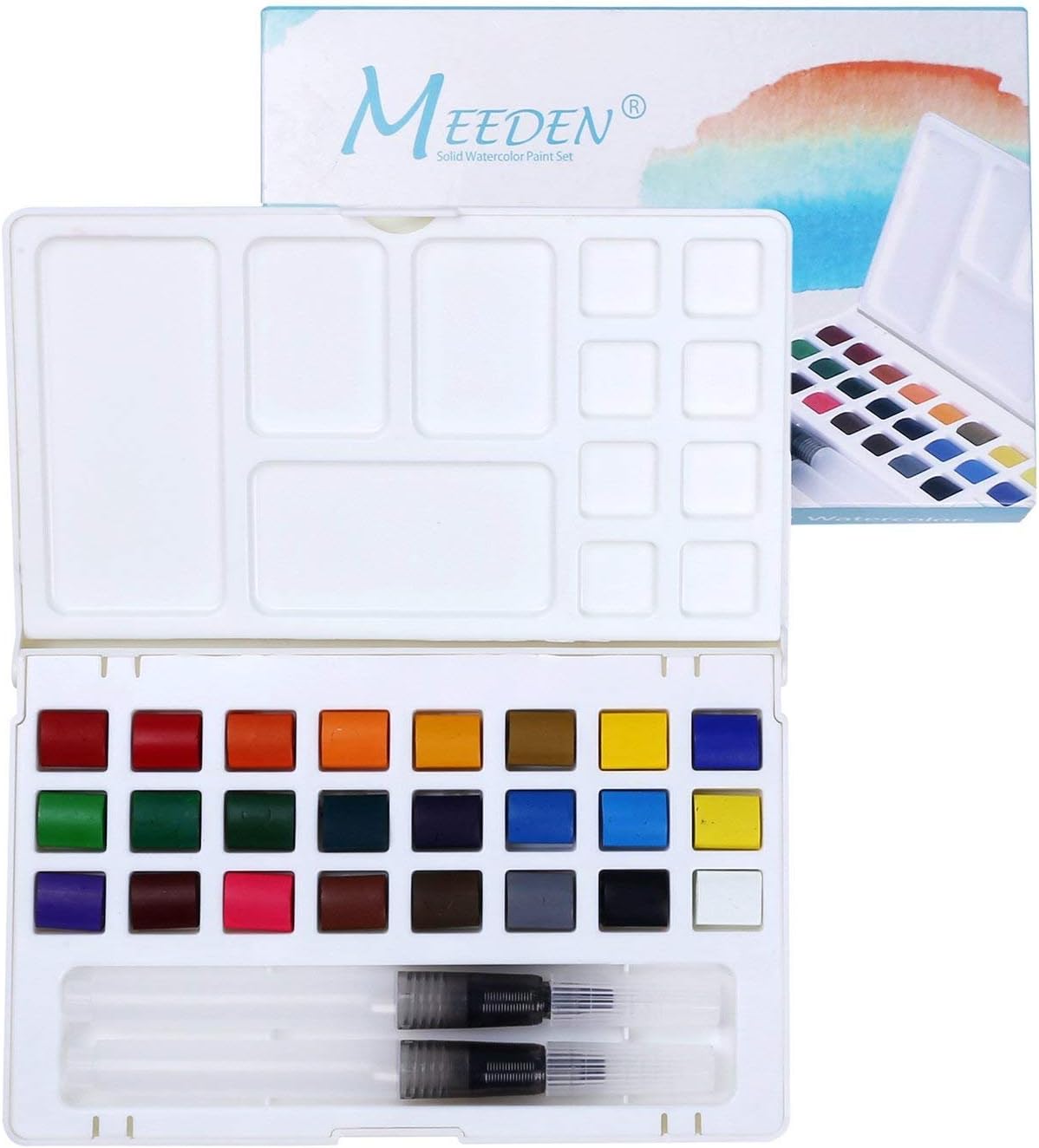 Amazon 固形水彩絵具セット 絵の具 透明水彩セット 24色顔料 絵具ケース パレット ２本水筆ペン 携帯用 絵具 通販