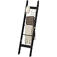 Hzuaneri Blanket Ladder Shelf for Living Room, Decorative Quilt Rack with 4 Removable Hooks, 5-Tier Farmhouse Ladder Holder Organizer for Bedroom, Black BR02104B