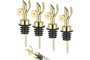 QPIX DIGITAL Weighted Stainless Steel Pourers, 4 Pcs Auto Flip Olive Oil Dispenser Spout, Balsamic Vinegar Alcohol Pourer Spouts, Liquor Bottle Pourers with Silicone Funnel, Gold Oil Dispenser for Kitchen