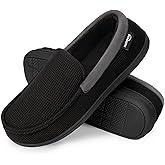 HomeTop Men's Comfort Memory Foam Moccasin Slippers, Breathable Cotton Knit Terry Cloth House Shoes for Indoor Outdoor