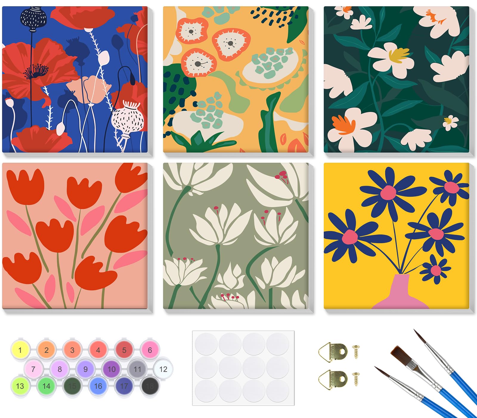 Photo 1 of Bowetile 6 Pack Paint by Numbers for Adults Beginners Framed, Flowers Adults' Paint-by-Number Kits, Easy Adult Paint by Number Kits on Canvas, Acrylic Number Painting for Home Decor, 8x8in