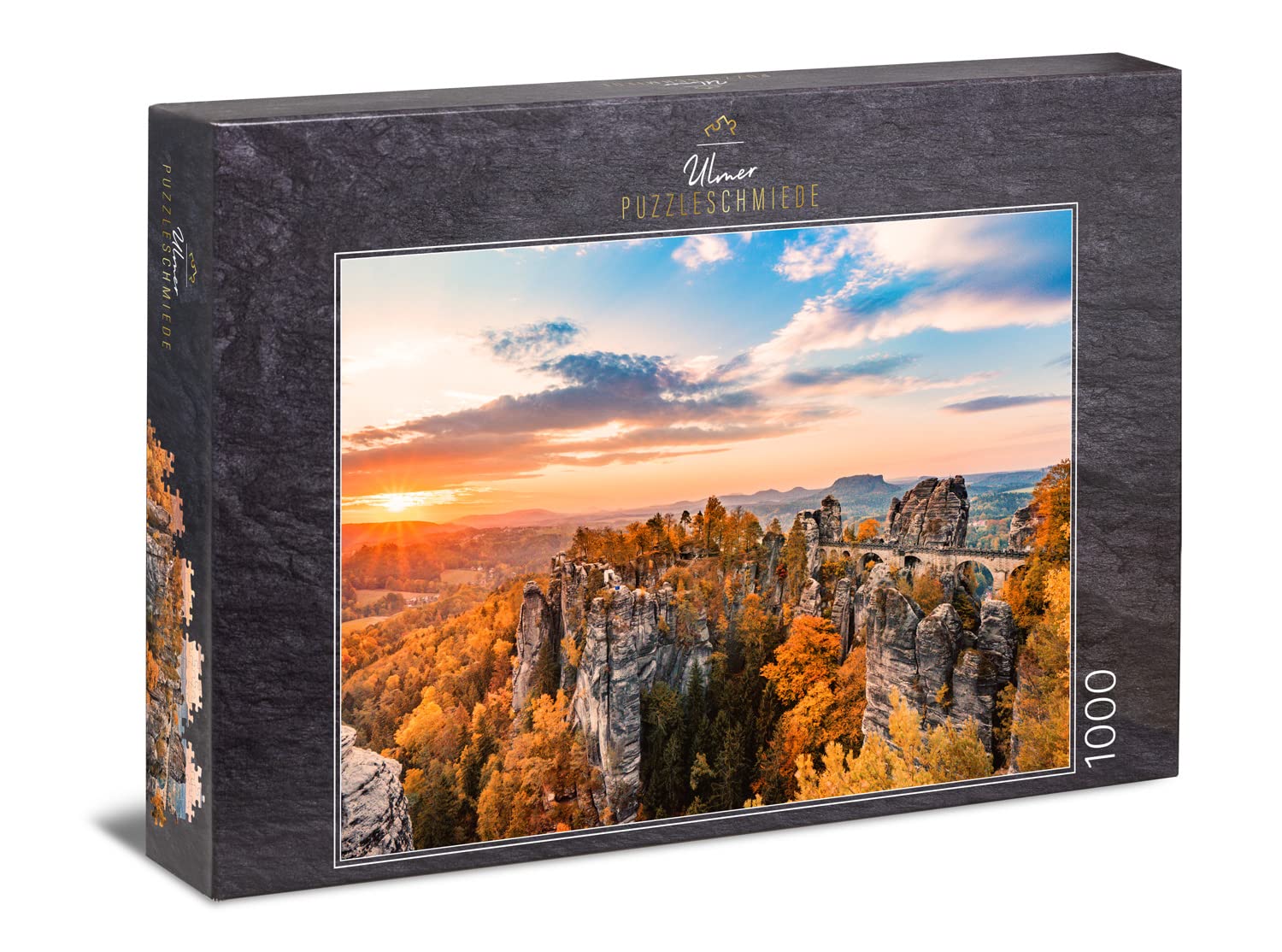 Ulmer Puzzleschmiede - Puzzle "The Raffia Bridge in Evening Red" - Landscape motif with the landmark of the Saxon Switzerland and the Elbsandstone mountains, Saxony, Germany