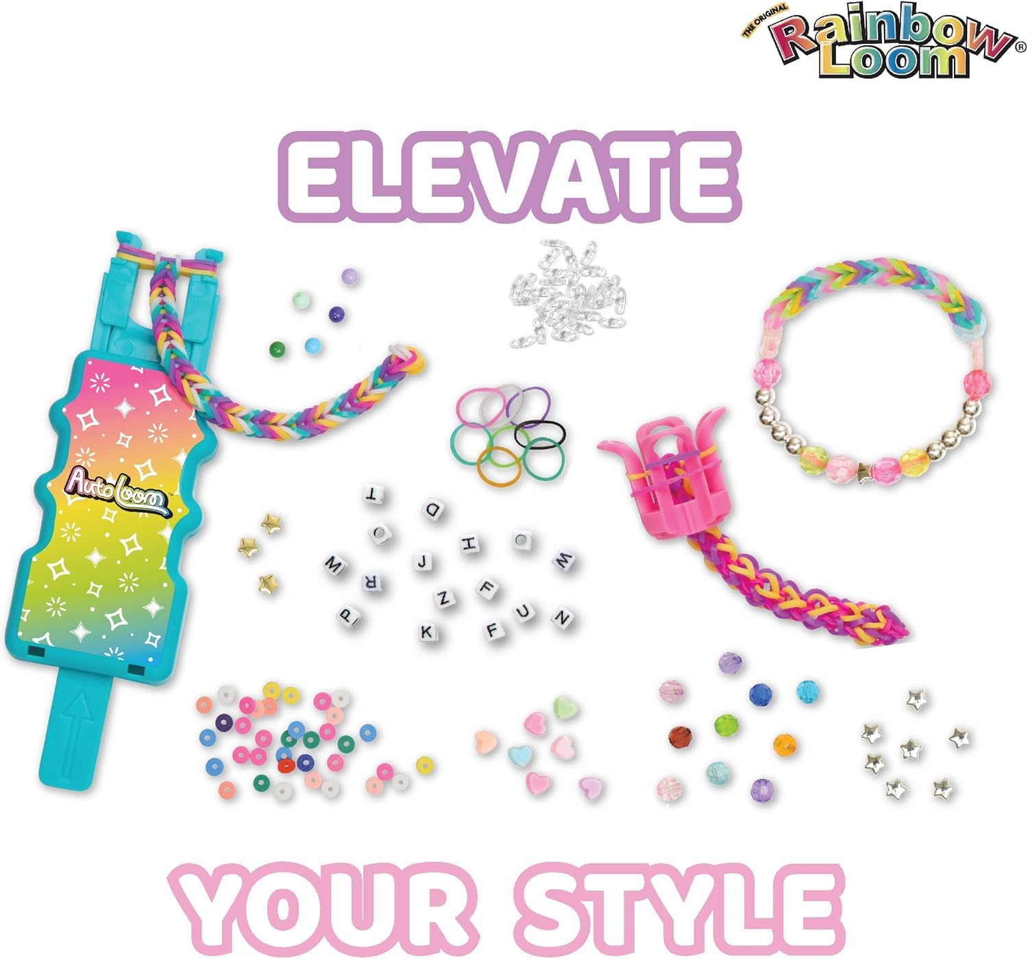 Rainbow Loom: 2,400 Bands & 1,000 Beads AutoLoom Rainbow Bliss Kit with AutoLoom & Finger Loom – DIY Braid & Bead Bracelet Jewelry Making Set for Kids 7+