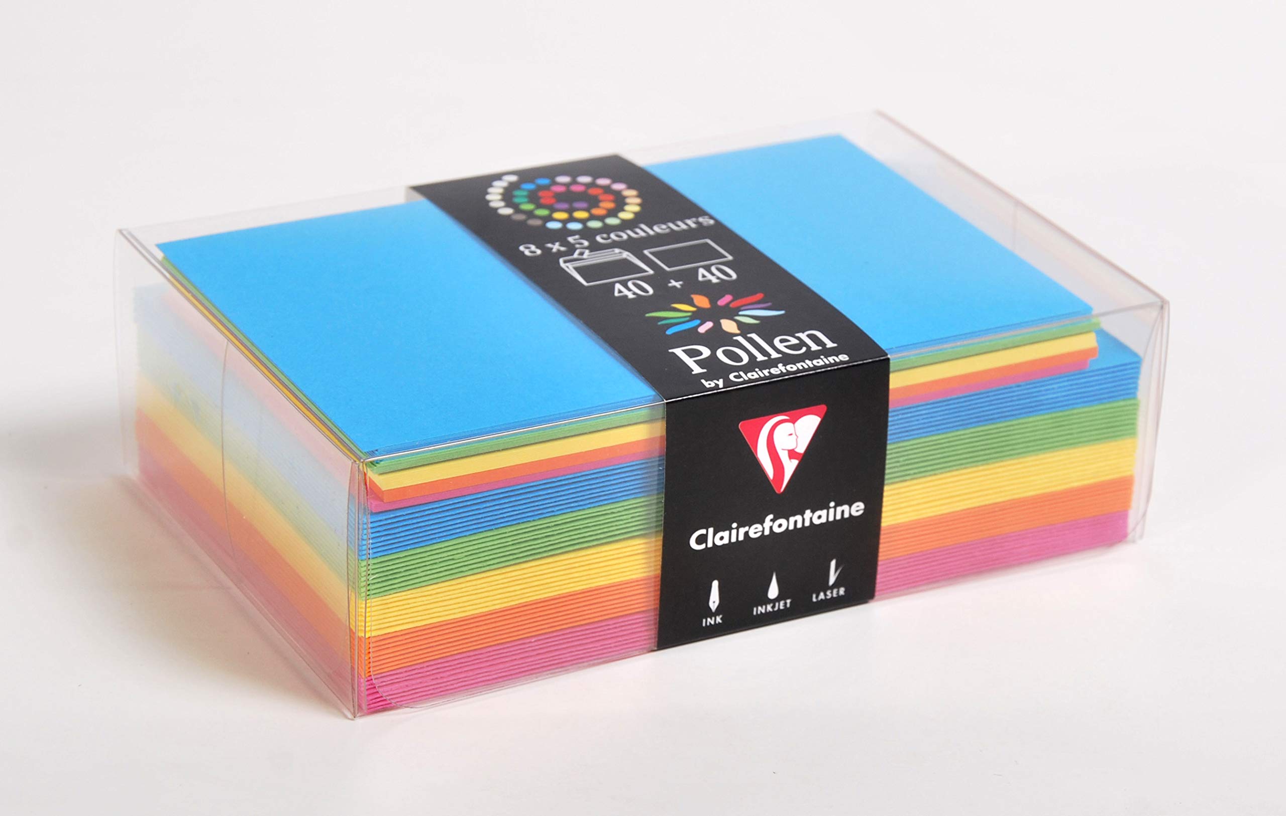 Clairefontaine 20811C Set of 40 Self-Adhesive Envelopes Format 9x14cm 40 Plain Cards 8,2x12,8cm Pollen Correspondence - Summer Theme - 5 Different Colours