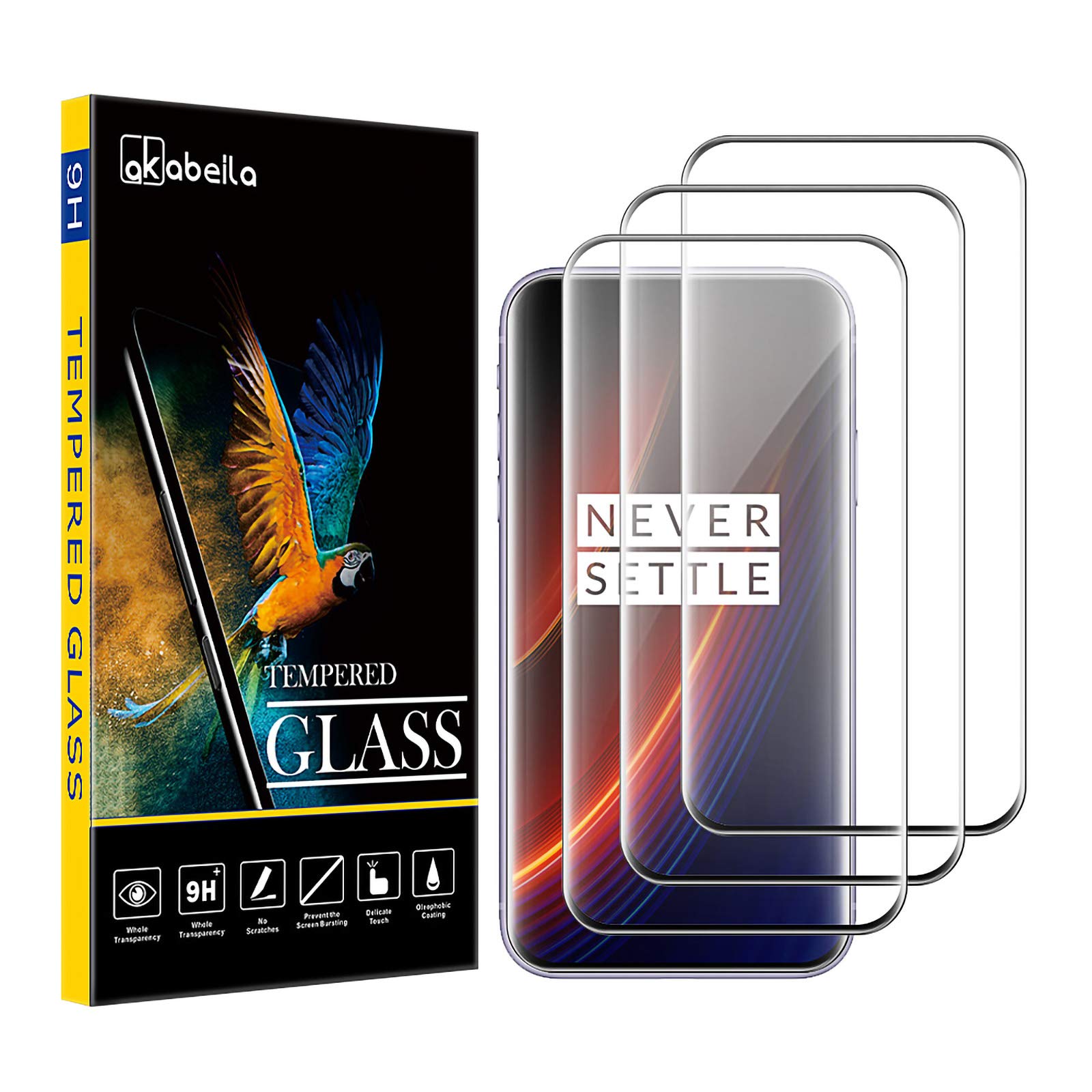 AKABEILA Screen Protector for OnePlus 7T Pro Tempered Glass [3 Pack] Premium HD Protective Film 9H Hardness Case Friendly Easy Installation Anti Scratch [Full Curved Coverage]