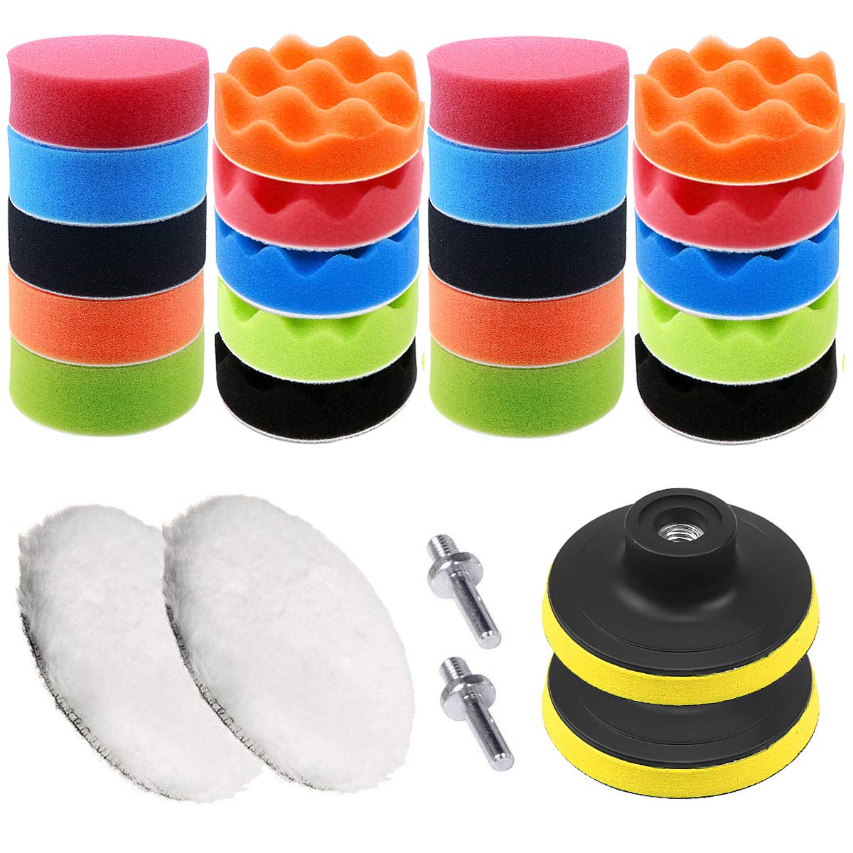 26PCS 3 inch Polishing Waxing Buffing Pads Kit, 22pcs Polishing Pads with 2pcs M10 Drill Adapters, Polishing Pads Sponge and Woolen Buffing Pads Waxing Pads for Car Polishing, Sanding, Waxing