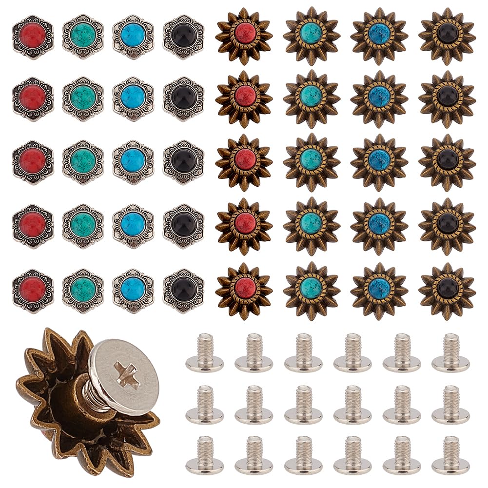 AHANDMAKER 40 Sets 8 Style Coin Screw Rivets Decorative Buckle Sunflower Shape Castings Screw Back Button for Leather Screw Back Manual DIY Decoration