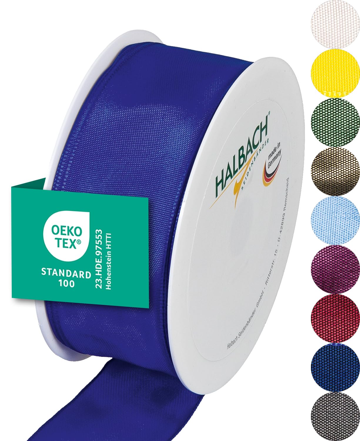 Halbach Seidenbänder Premium Gift Ribbon With Wired Edge - 40 mm Width, 25 m Length - Oeko-Tex 100 Certified Taffeta, Made in Germany - Blue — image 1