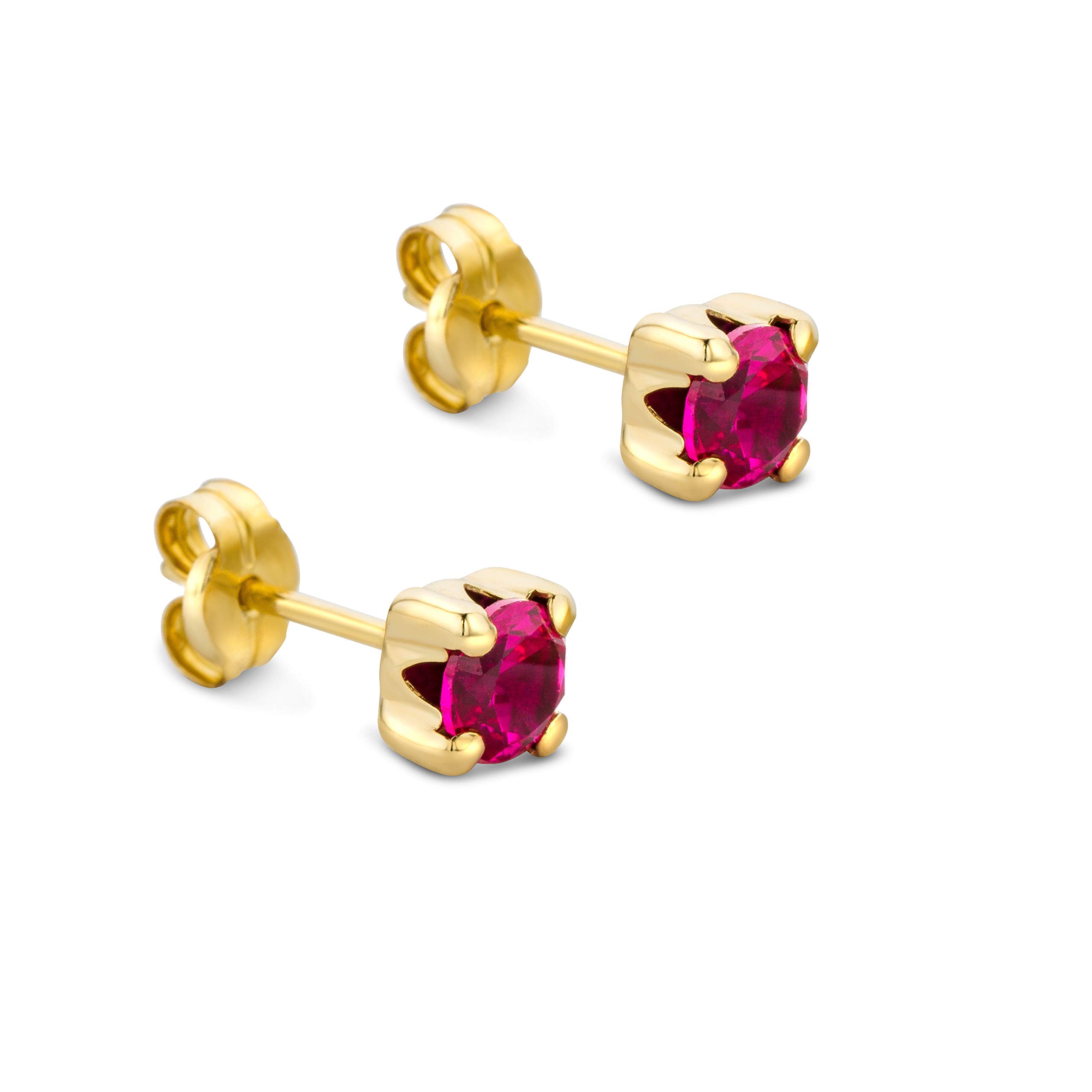 Orovi Square-Shaped Yellow Gold Earrings for Women with Rubies in 9 Carat Gold, Hypoallergenic Earrings - Handmade studs with jewellery box