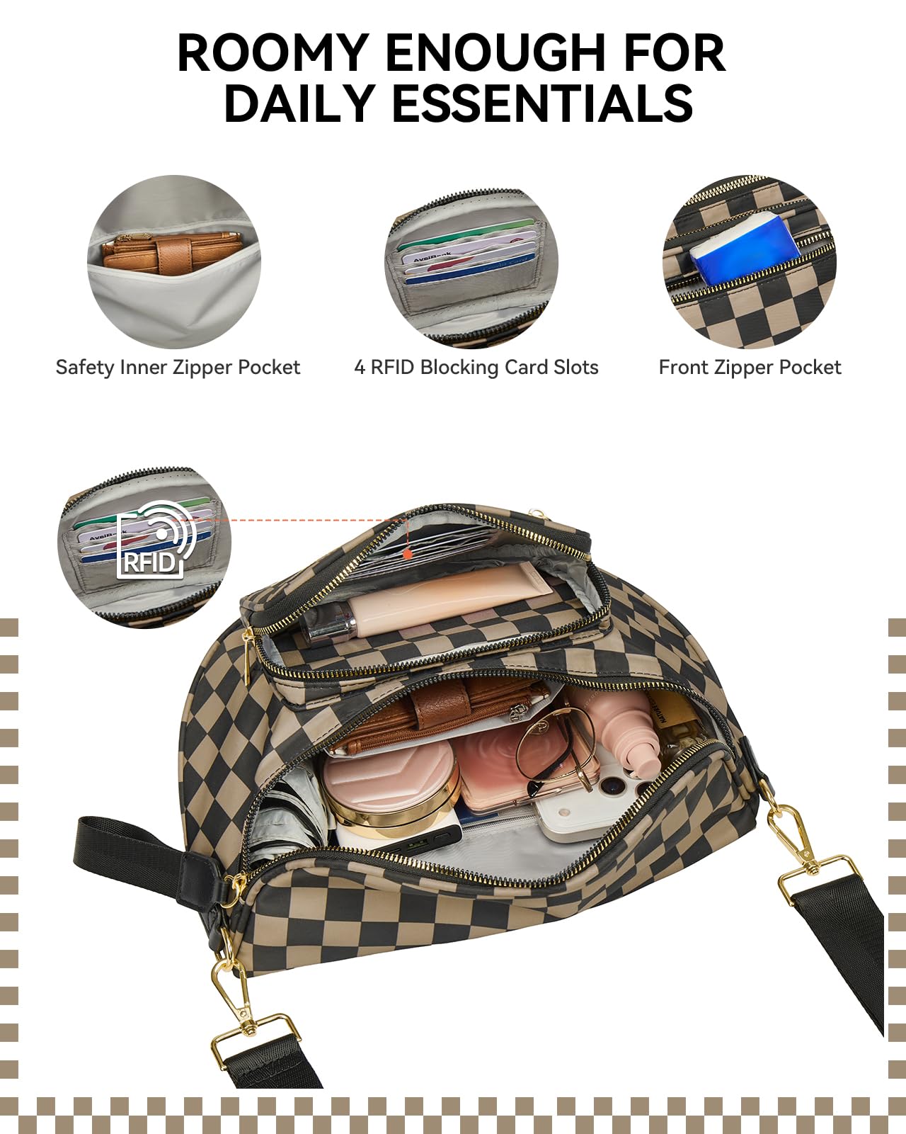 BOSTANTEN Crossbody Bags for Women Cross Body Purse Checkered Bum Bag Large Fanny Waist Pack with Adjustable Strap