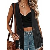 Dokotoo Womens Fringe Vest Cowgirl Western Outfits 70s Hippie Costume Sleeveless Hollow Out Faux Suede Tassel Outerwear