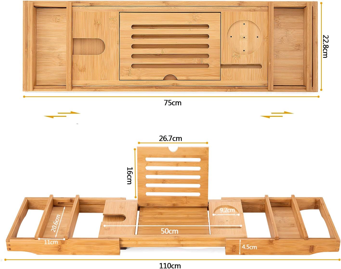 HBlife Bamboo Bathtub Caddy Tray [Durable, Non-Slip], One or Two Person Bath and Bed Tray, Extending Sides Fits Any Tub, Cellphone iPad and Wineglass Holder, Free Soap Holder -Natural Color: Home & Kitchen