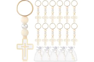 Quelay 50 Sets First Holy Communion Favors Rosary Beads with Cross Crucifix Keychain White Organza Bag Christening Baptism Gifts (White)