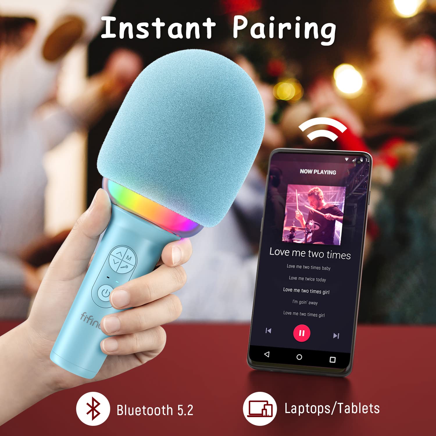 FIFINE Wireless Bluetooth Karaoke Microphone with Built-in Speaker, Portable Singing Microphone for Kids Adults Party Gifts with RGB LED Lights, Magic Voice, for Phone-AmpliSing E2 Blue