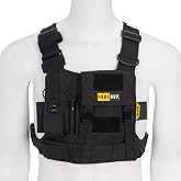 ROBOCUP Radio Chest Harness Vest, Walkie Talkie Carrier with Full-Size Ham Radio Pouch, Adjustable Utility Organizer, Silent Buckles, D-Rings, Reflective Stripes, Hook &amp; Loop Panels, Black