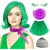 Zoyomax Women Green Costume Wig Set – 4Pcs Adult Short Green Cosplay Wig Adjustable with Wig Cap, False Eyelashes, Purple Scarf & Puff Skirt – Character Outfit for Halloween, Anime, Party & Cosplay