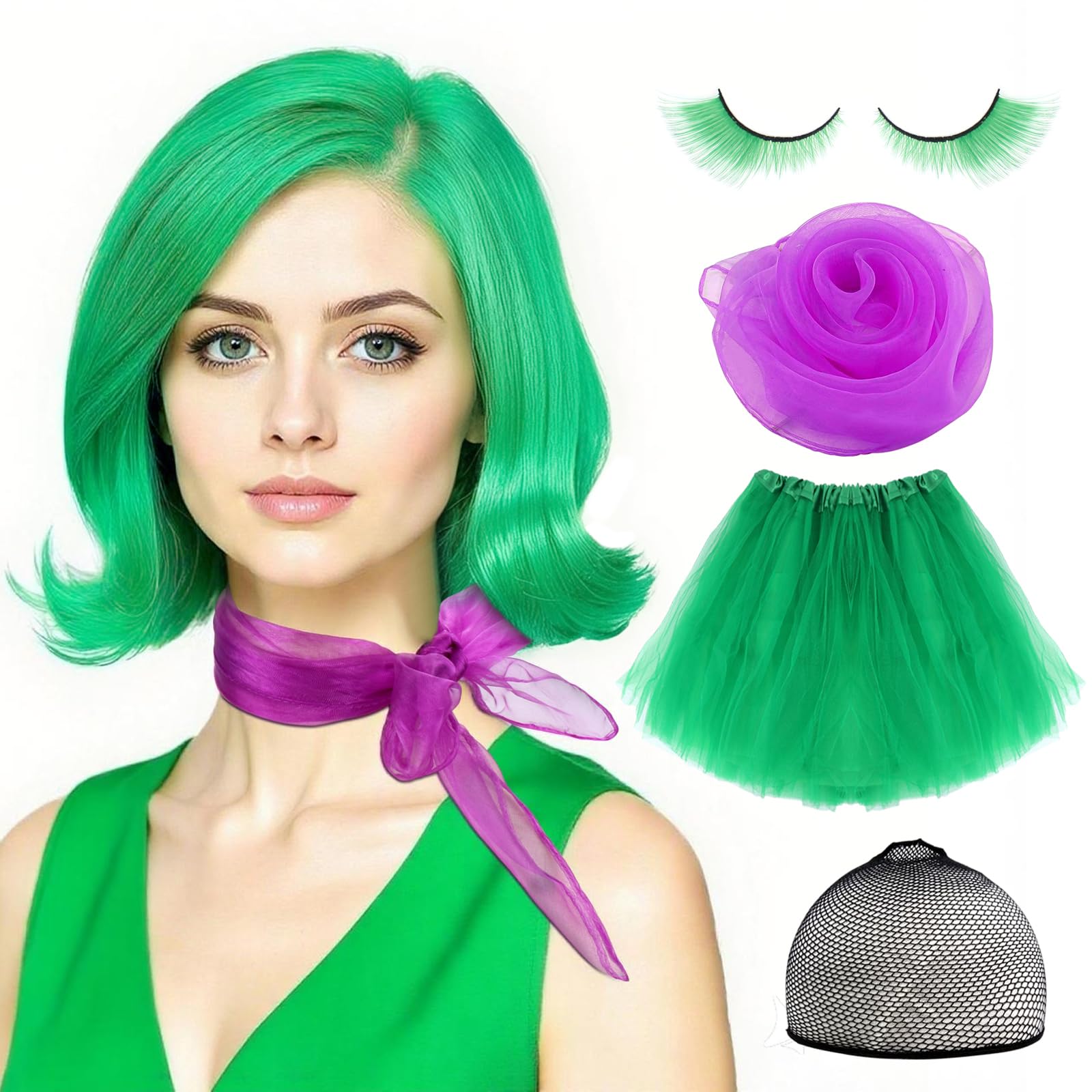 Photo 1 of Zoyomax Women Green Costume Wig Set – Short Green Cosplay Wig with Wig Cap, False Eyelashes, Purple Scarf & Puff Skirt – Character Outfit for Halloween, Anime, Party & Cosplay