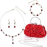 Hicarer 5 Pcs Women Rose Clutch Purse Rose Jewelry Set Evening Handbag Gold Necklace Earring Bracelet for Valentines Gifts