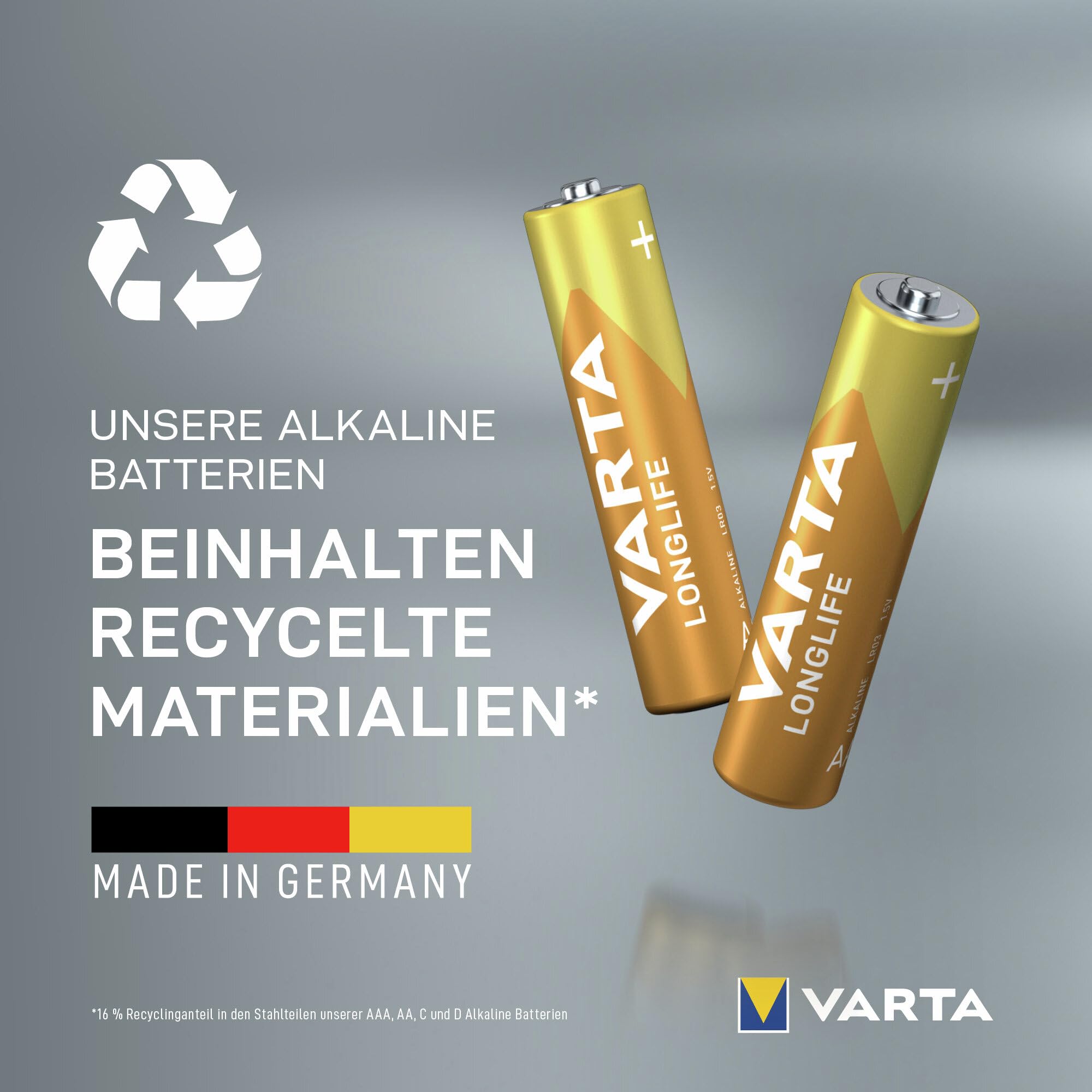 VARTA Batterien AAA, 24 Stück, Longlife, Alkaline, 1,5V, Cube, ideal für Fernbedienungen, Wecker, Radios, Wanduhren, Verpackung zu 90% recycelt, Made in Germany 4