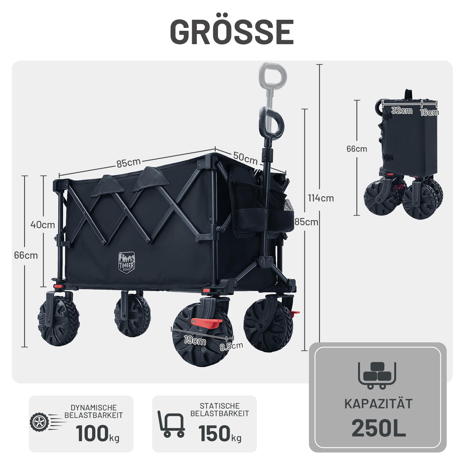 TIMBER RIDGE XXL Bollerwagen Faltbar 250L Breite Reifen mit Bremsen Strandwagen Klappbar 150KG Belastbar mit Getränkehalter All Terrain Transportwagen für Camping Einkaufen Garten 3