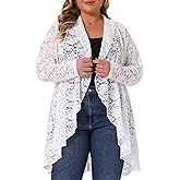 Agnes Orinda Plus Size Lace Cardigan for Women Ruffle Cardigans Open Front Long Sleeve Sheer Lace Crochet Cover Up
