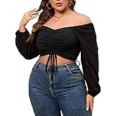 SOLY HUX Women's Plus Size Blouse Drawstring Ruched Front Off Shoulder Bishop Long Sleeve Crop Tops