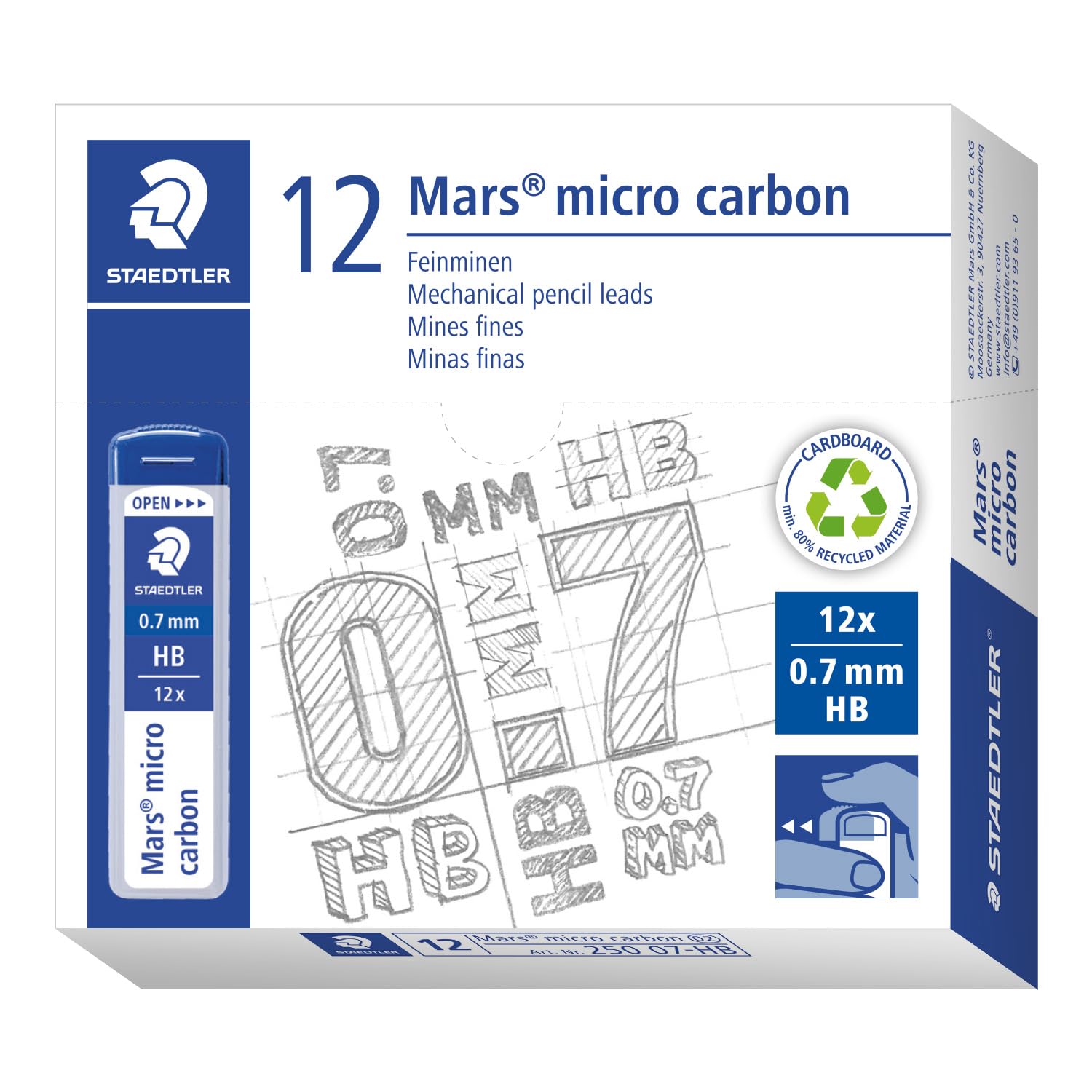 STAEDTLER 250 07-HB Mars Micro Refill Leads for Mechanical Pencils - HB, 0.7mm (Box of 12 x Tubes of 12 Leads)