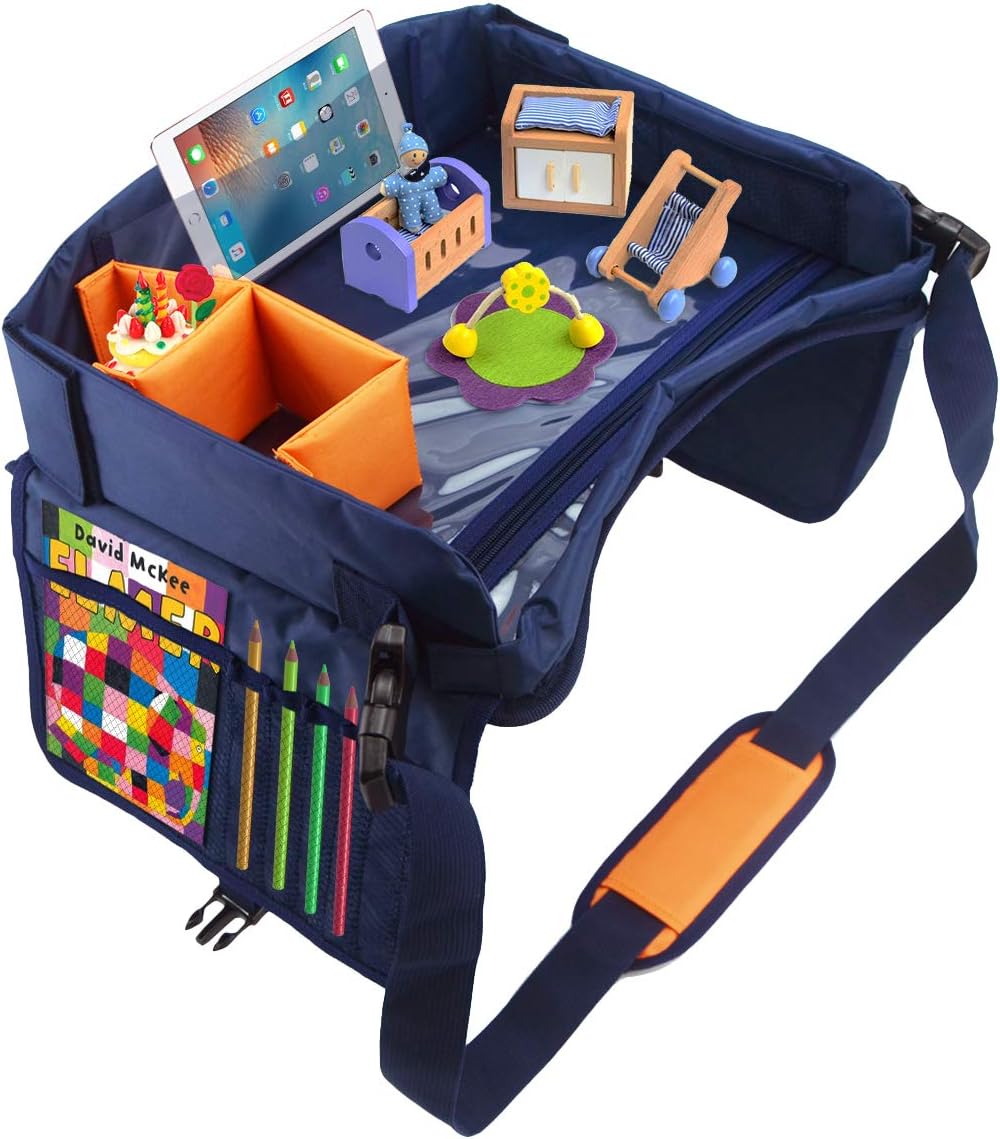 Kids Travel Car Seat Tray | Toddler Travel Tray | Car Travel Road Trip Travel Soft Padding, Waterproof Food & Snack Lap Tray, Storage Organizer, Activity Tray, Stroller Tray, Play Tray