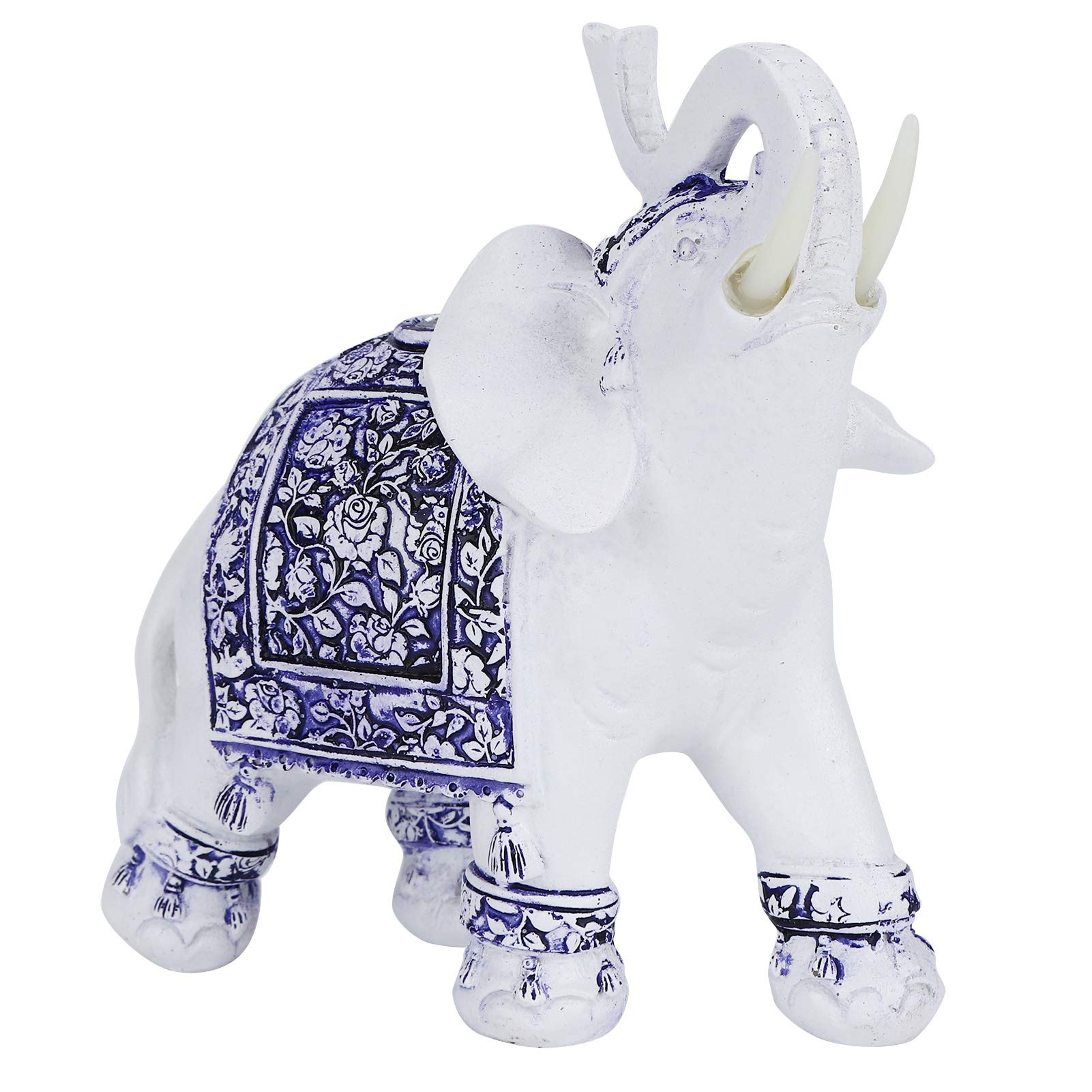 Buachois Elegant Statue Resin Feng Shui Golden Sculpture Wealth Lucky Elephant Figurine with Trunk Facing Upwards for Home Office Decoration(Blue and White Porcelain M)