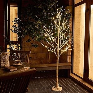 Vanthylit 6FT 88LT Pre-lit Birch Tree with Warm White Christmas Lights for Home Decor