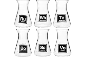 Drink Periodically Set of 6 Laboratory Erlenmeyer Flask Shot Glasses, Clear Glass-2.75oz Each