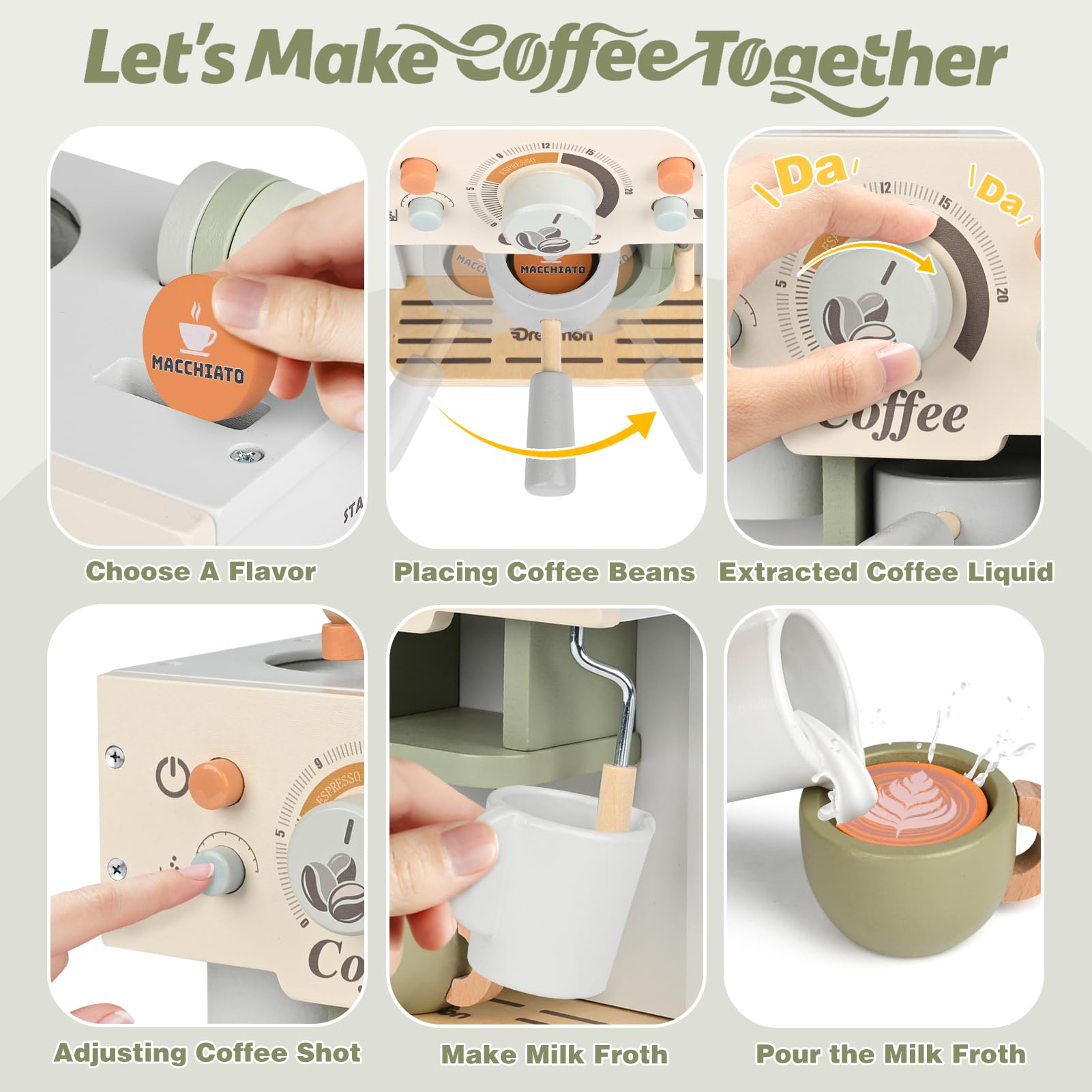 Dreamon Kaffeemaschine Kinder Holz, Kinderküche Zubehör 15 Teile, Montessori Spielzeug, Küchengeräte Kaffeeset Kinder Spielzeug, Küchen Spielzeug Geschenke Jungen und Mädchen ab 3 4 5 Jahre 2