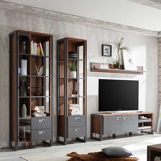 Pharao24 Wohnwand In Eiche Dunkel Schiefer Grau Modern Amazon De Kuche Haushalt