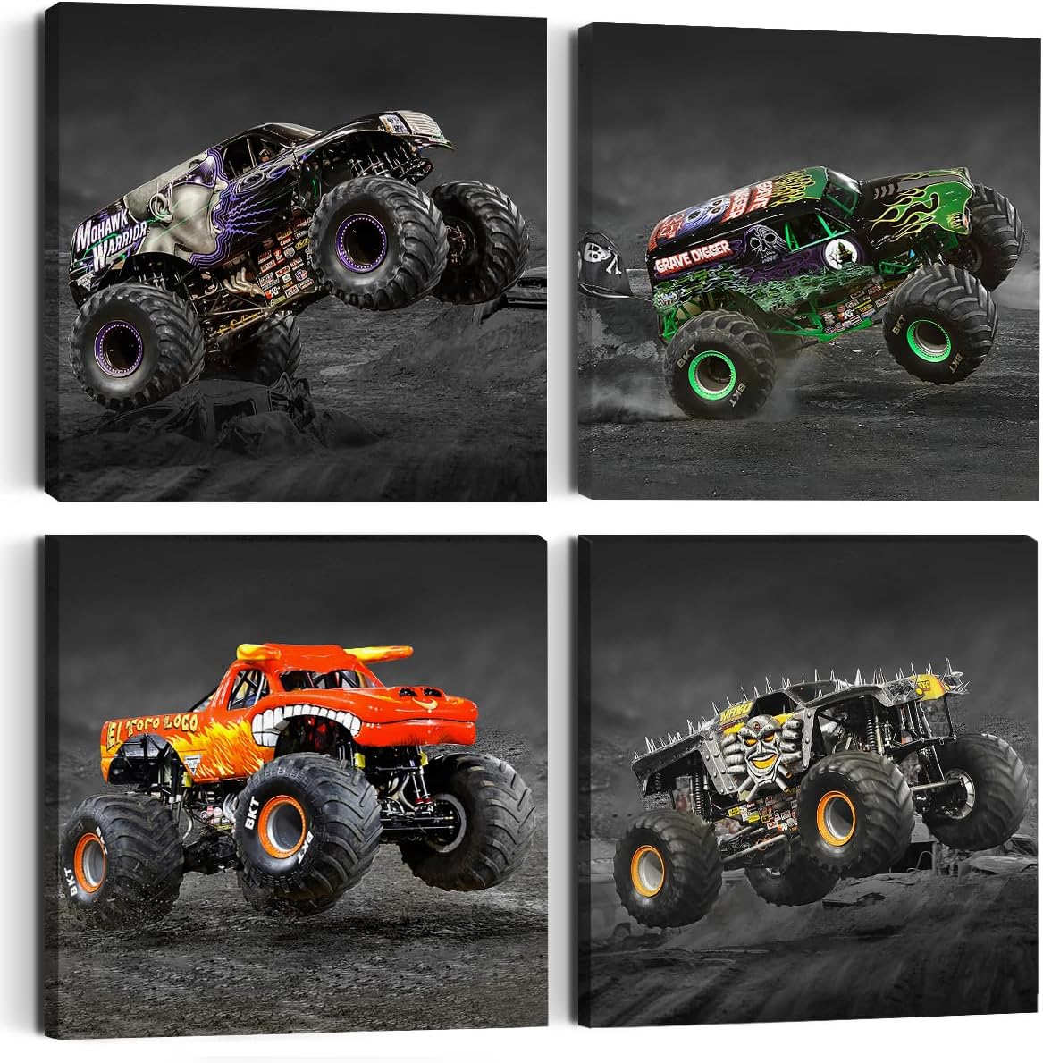 Paintings - 4PC Monster Truck Canvas Wall Art Framed Boys Room Decor Watercolor Cartoon Car Color Racing Vehicle Painting Garage Wall Decor Modern Canvas Prints for Playroom Farmhouse Men Living Room Home