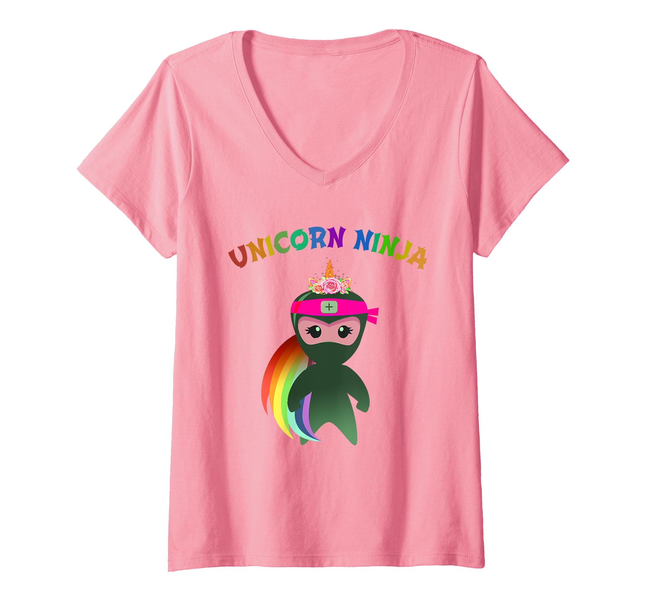 Womens Pink UNICORN NINJA Fancy Dress Spy Girls Kids Mom Teachers V-Neck T-Shirt