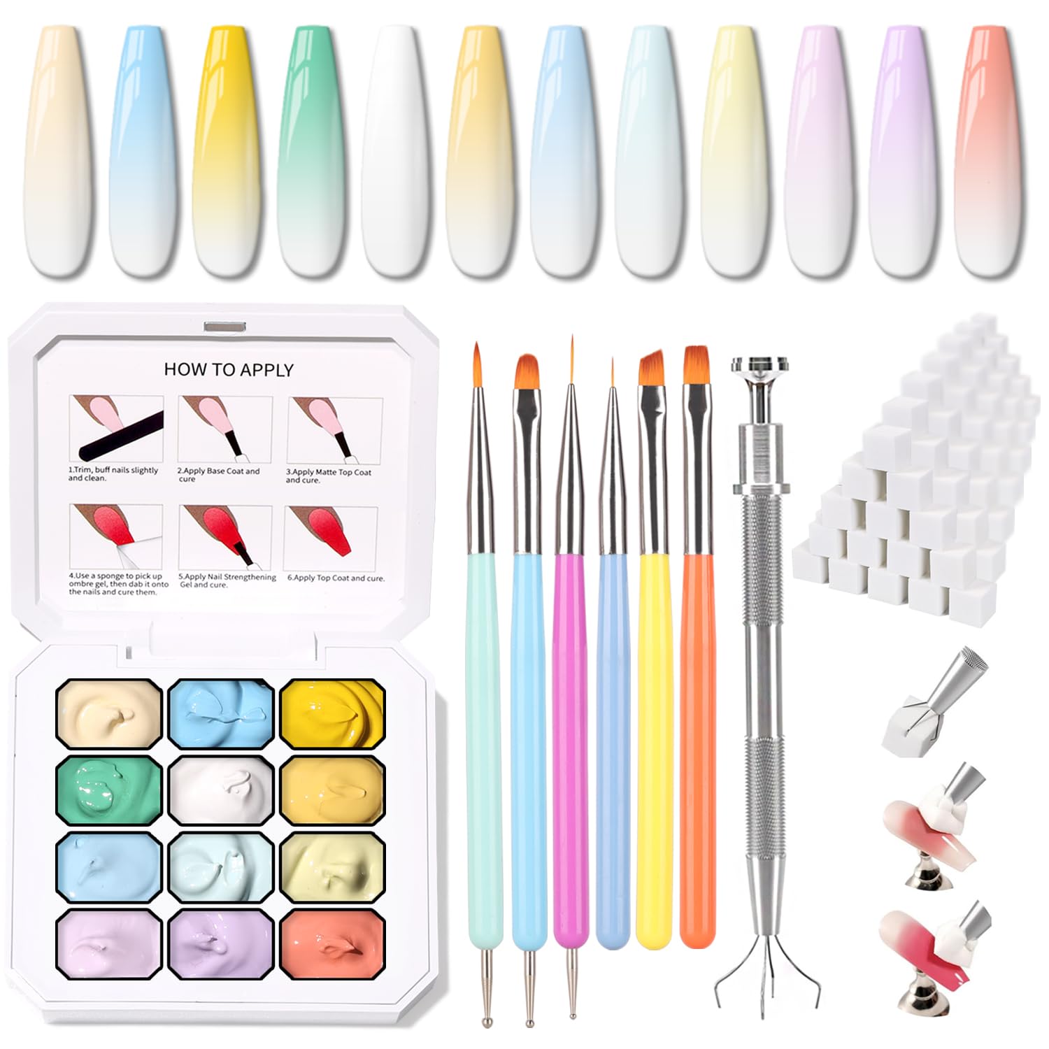 Photo 1 of Karroy Sponge Pat Gel Nail Polish Palette, 12 Colors Blending Ombre Gel Polish Gradient Painting Nails Art, No Wipe, UV/LED Cured, 100Sponges 6Brushes 1Grabber (Set 01)
