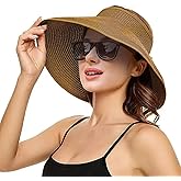 Sun Visor Hat for Women, Wide Brim Straw Summer UV Protection Hat, Foldable Roll-up Packable Beach Cap