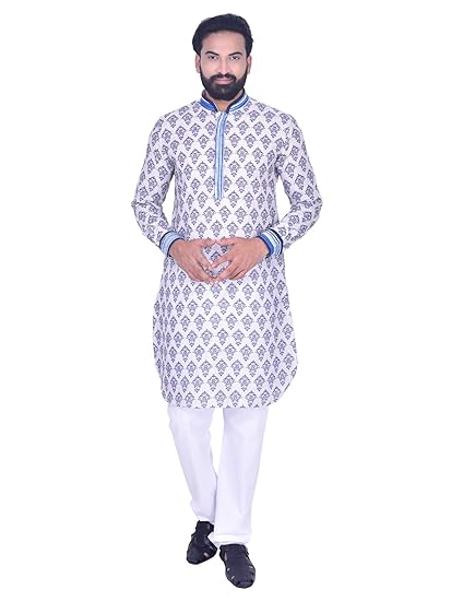 Men's Off White-Blue Full Sleeve Regular Fit Banded Collar Printed Kurta